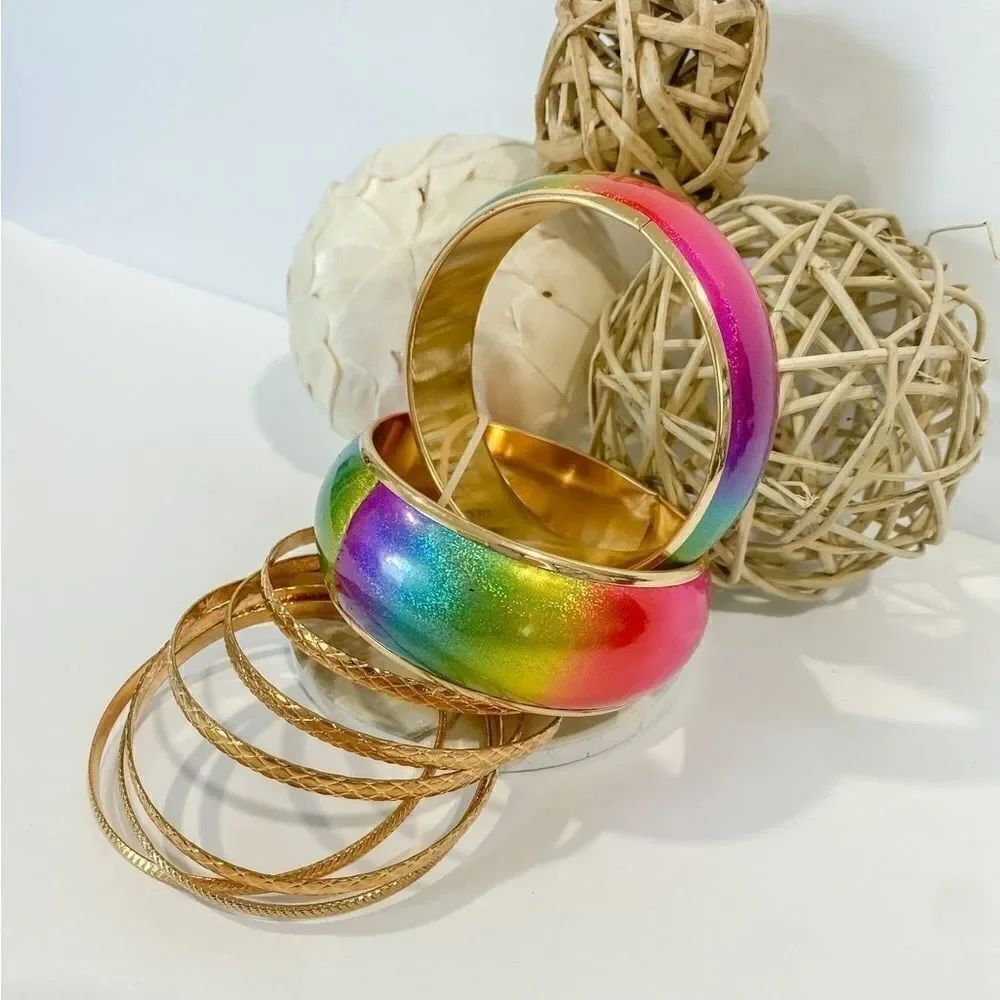Rainbow and gold bangles